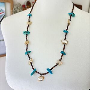 Vintage Southwestern Turquoise Animal Bird Fetish Sterling Silver Necklace